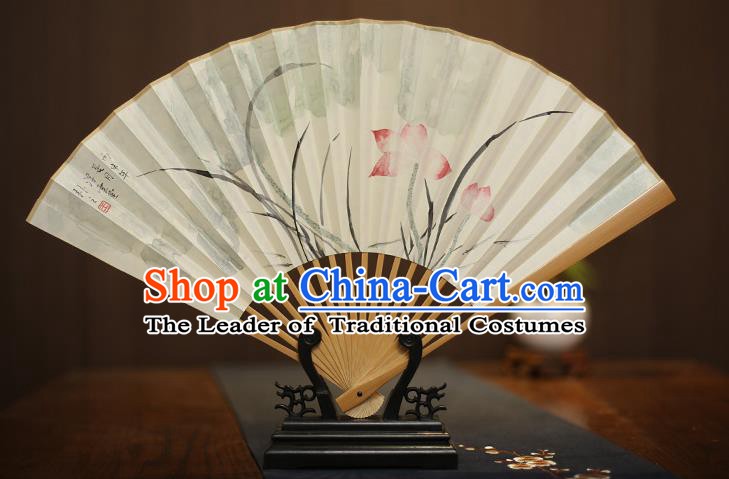 Traditional Chinese Crafts Collectables Autograph Xuan Paper Folding Fan, China Handmade Painting Lotus Fans for Men