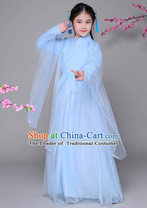 Traditional Chinese Ancient Princess Blue Dress, China Han Dynasty Palace Lady Fairy Hanfu Clothing for Kids