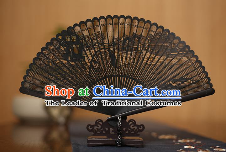 Traditional Chinese Crafts Hollow Out Ebony Folding Fan, China Handmade Sandalwood Black Fans for Women
