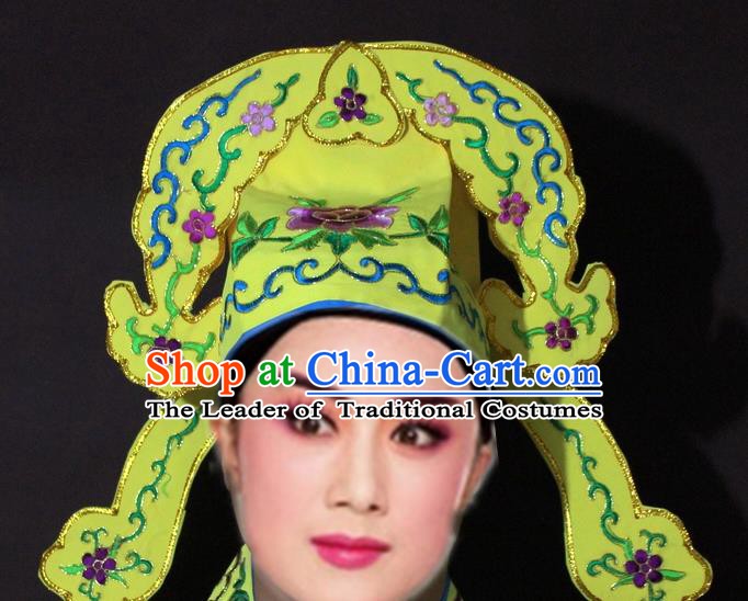 Traditional China Beijing Opera Niche Embroidered Yellow Hats, Chinese Peking Opera Gifted Scholar Headwear
