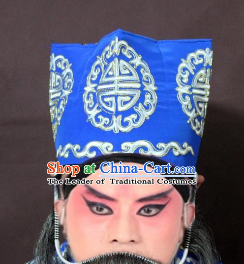 Traditional China Beijing Opera Ministry Councillor Embroidery Blue Hats, Chinese Peking Opera Old Men Embroidered Headwear