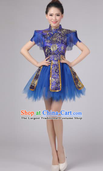 Chinese Classical Dance Drum Dance Costume Traditional Folk Dance Yangko Blue Dress for Women