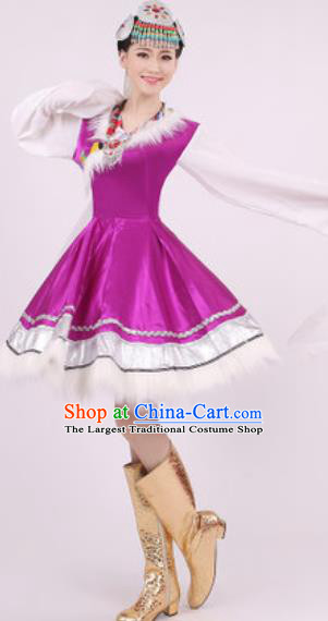 Chinese Traditional Zang Nationality Purple Dress Tibetan Folk Dance Ethnic Costume for Women