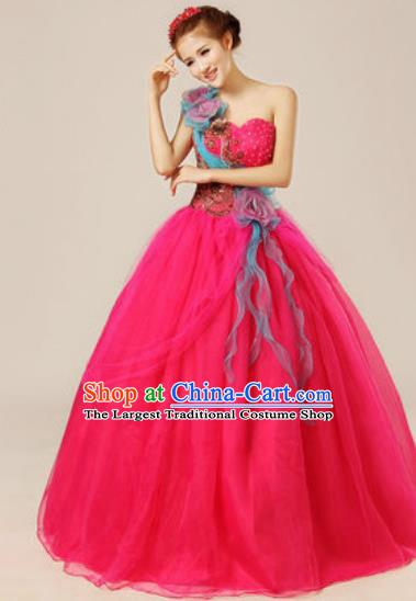 Top Grade Chorus Compere Rosy Veil Costume Modern Dance Ballroom Waltz Stage Performance Dress for Women