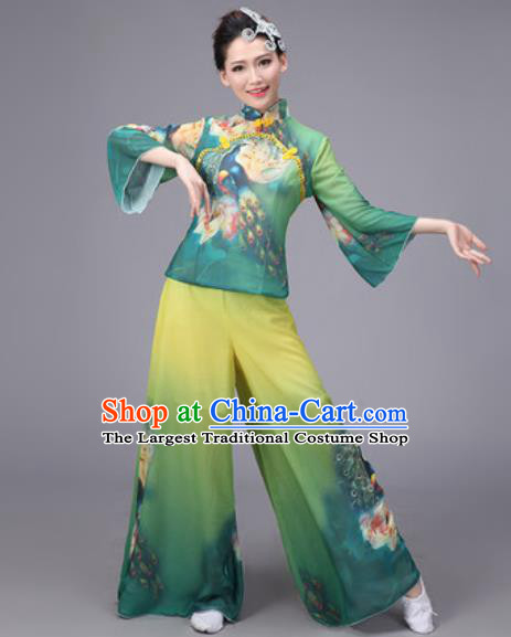 Chinese Classical Dance Costume Traditional Folk Dance Yanko Printing Green Clothing for Women