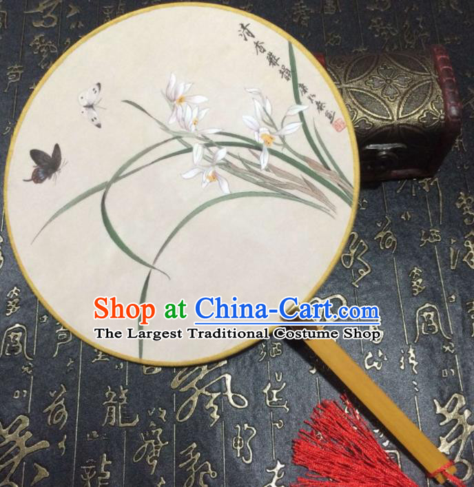 Chinese Ancient Palace Fans Handmade Printing Orchid Round Fans for Women