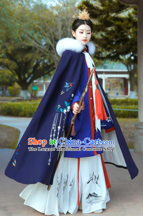 Chinese Ancient Ming Dynasty Princess Costumes Embroidered Blue Cloak for Women