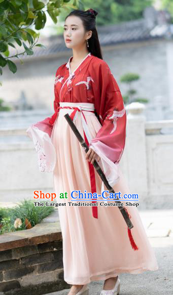 Chinese Ancient Jin Dynasty Swordswoman Embroidered Red Costumes for Women