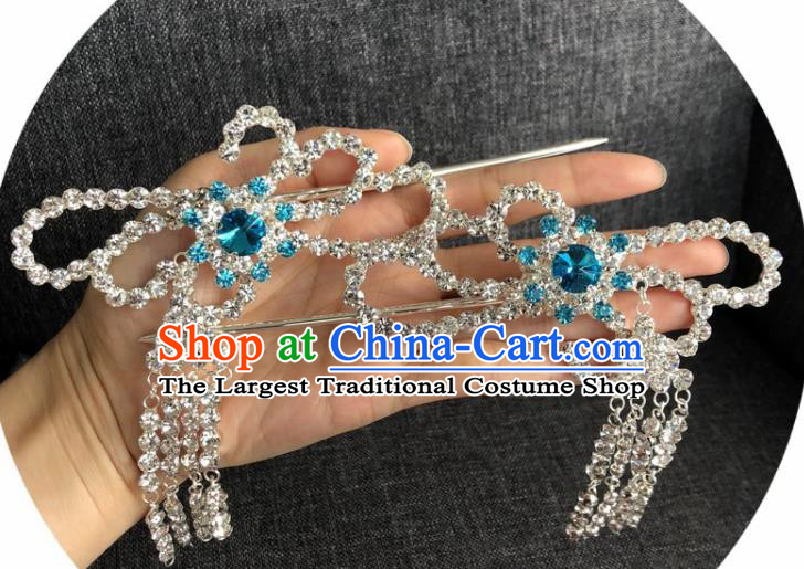 Chinese Traditional Peking Opera Diva Hair Accessories Ancient Blue Crystal Tassel Hairpins for Women