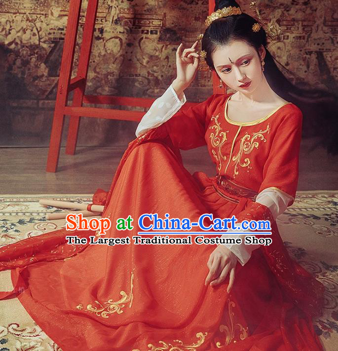 Chinese Tang Dynasty Princess Historical Costumes Ancient Peri Embroidered Red Hanfu Dress for Women