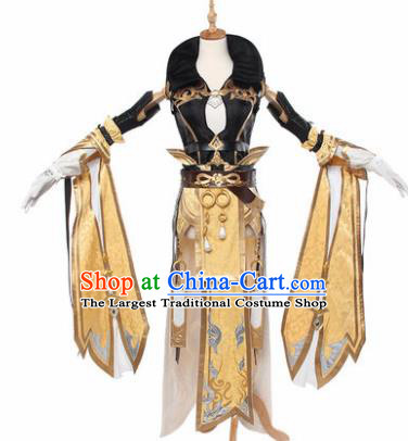 Top Grade Chinese Cosplay Young Lady Costumes Ancient Swordswoman Golden Dress for Women