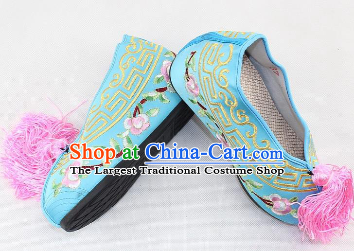 Chinese Traditional Beijing Opera Light Blue Blood Stained Shoes Ancient Handmade Princess Embroidered Shoes for Women