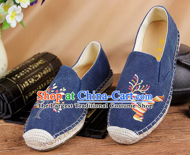 Chinese National Handmade Shoes Traditional Cloth Shoes Embroidery Deer Blue Shoes for Women