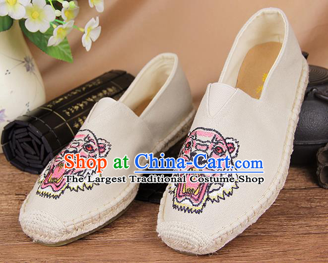 Chinese National Shoes Traditional White Cloth Shoes Embroidery Tiger Shoes for Men