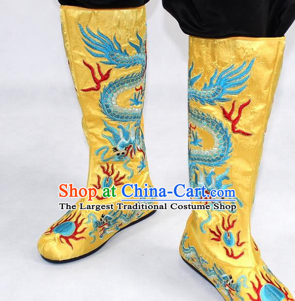 Chinese Traditional Beijing Opera Takefu Shoes Ancient Handmade Emperor Embroidered Dragons Yellow Boots for Men