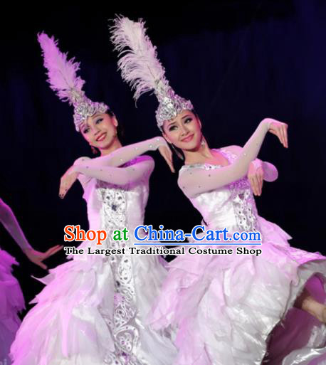 Chinese Traditional Ethnic Costumes Uyghur Minority Nationality Dance White Dress for Women