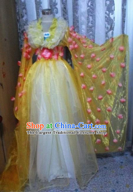 Traditional Chinese Classical Dance Embroidered Costumes Ancient Peri Yellow Hanfu Dress for Women