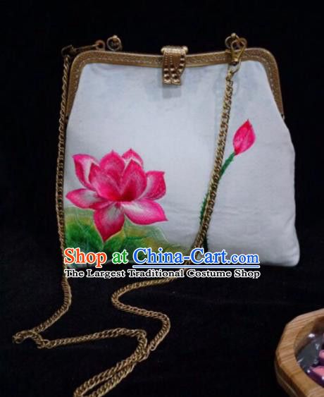 Chinese Traditional Embroidered Craft Handmade Embroidery Lotus White Bags for Women