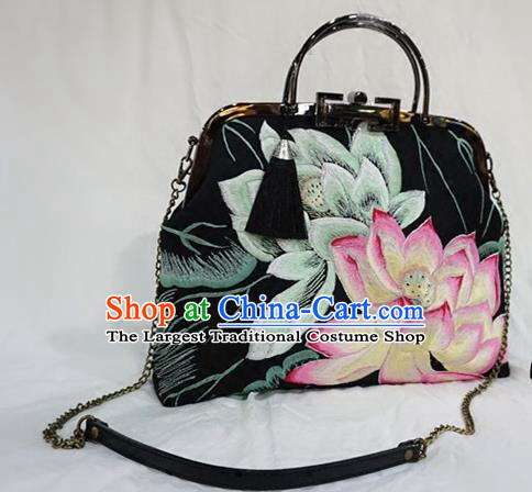 Chinese Traditional Embroidered Craft Handmade Embroidery Lotus Black Bags for Women
