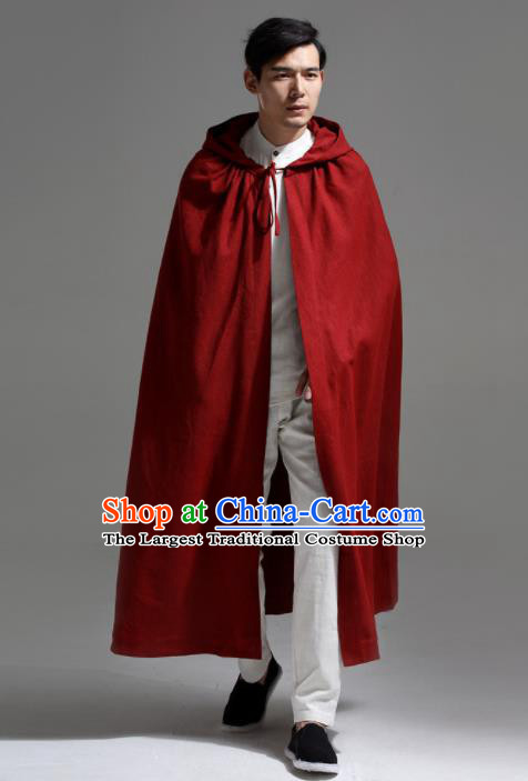 Chinese Traditional Ancient Swordsman Costumes Red Cloak for Men