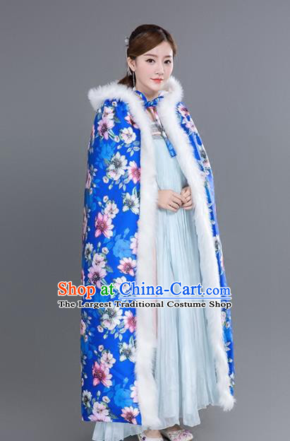 Chinese Traditional Costumes Ancient Princess Hanfu Printing Flowers Thicken Blue Cloak for Women