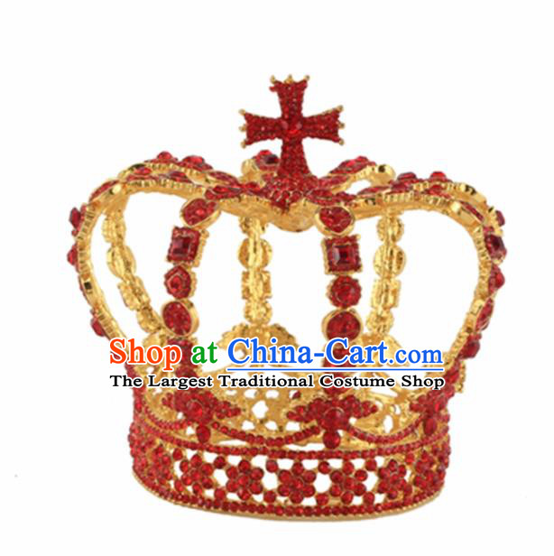Baroque Style Hair Accessories Queen Red Crystal Round Royal Crown for Women
