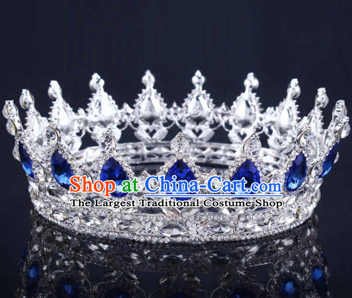 Handmade Wedding Bride Blue Rhinestone Hair Accessories Baroque Queen Retro Royal Crown for Women