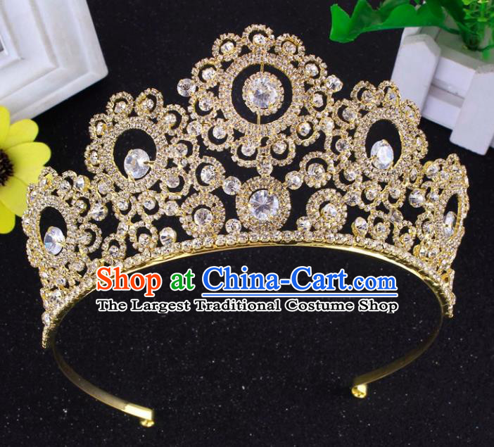 Top Grade Baroque Style Zircon Golden Royal Crown Bride Retro Wedding Hair Accessories for Women