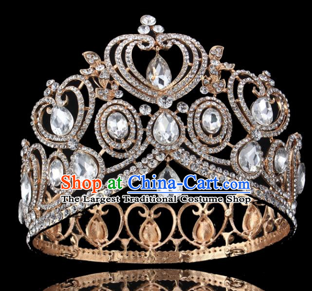 Top Grade Handmade Wedding Crystal Golden Royal Crown Baroque Retro Hair Accessories for Women
