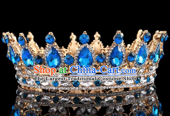 Top Grade Baroque Court Queen Blue Crystal Round Royal Crown Retro Wedding Bride Hair Accessories for Women