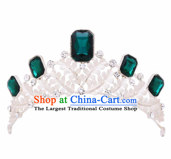 Handmade Bride Wedding Green Crystal Pearls Hair Jewelry Accessories Baroque Royal Crown for Women