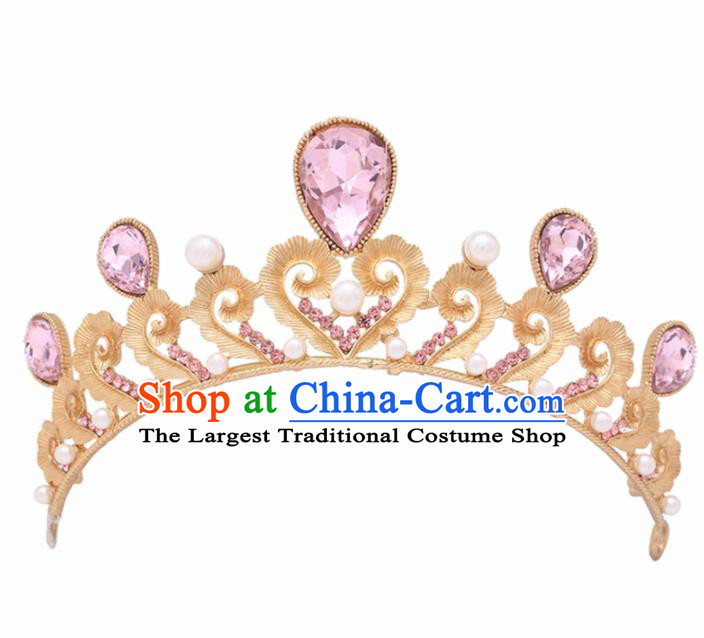 Handmade Bride Wedding Hair Jewelry Accessories Baroque Queen Pink Crystal Royal Crown for Women