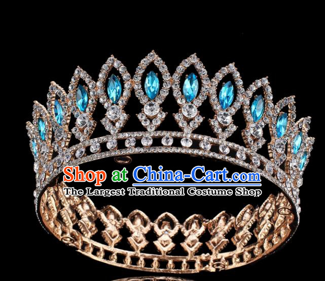 Top Grade Bride Wedding Hair Jewelry Accessories Baroque Blue Crystal Round Royal Crown for Women
