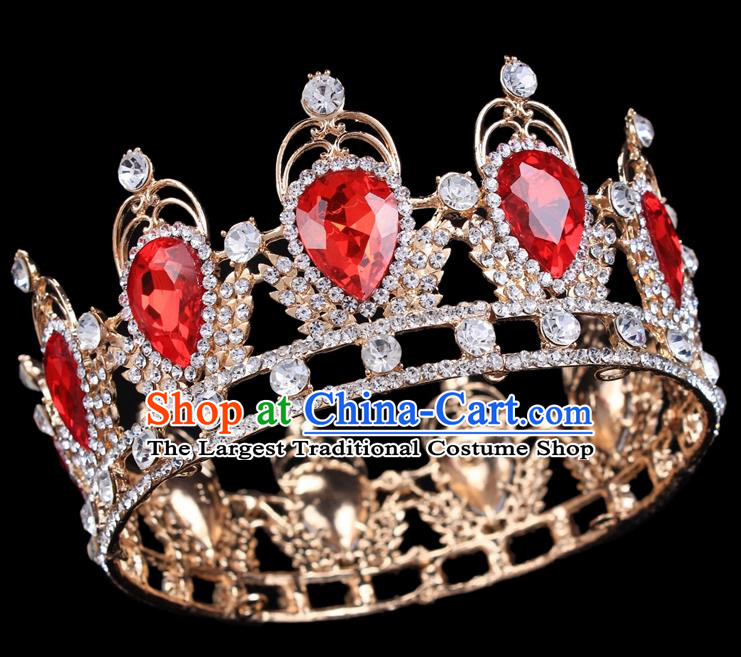 Handmade Bride Wedding Hair Jewelry Accessories Baroque Red Crystal Round Royal Crown for Women