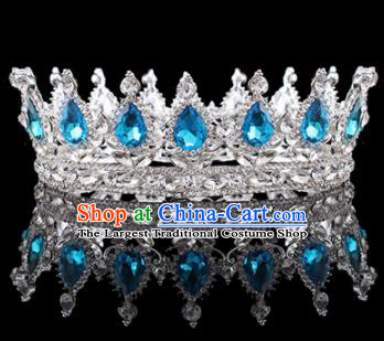 Handmade Bride Wedding Hair Jewelry Accessories Baroque Queen Blue Crystal Royal Crown for Women