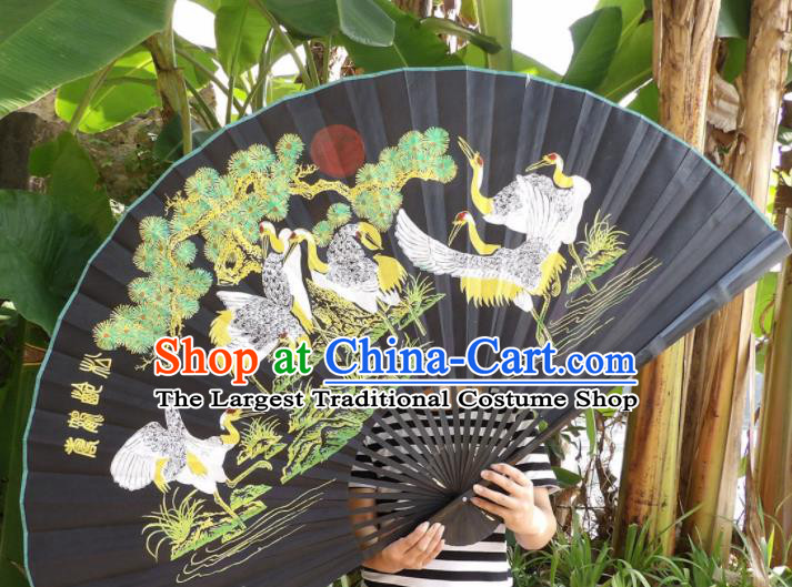 Chinese Traditional Black Silk Fans Decoration Crafts Handmade Printing Cranes Folding Fans