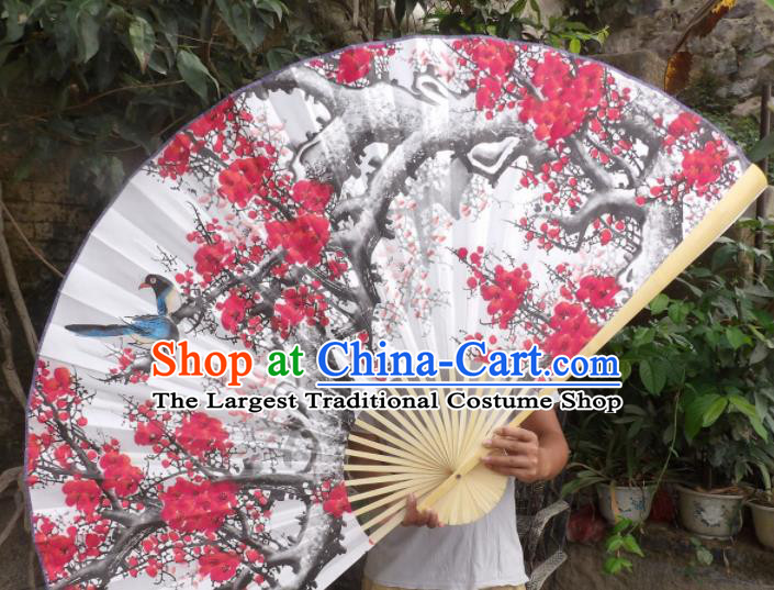 Chinese Traditional Handmade White Paper Fans Decoration Crafts Printing Plum Blossom Wood Frame Folding Fans