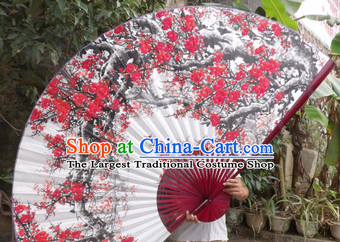 Chinese Traditional Handmade White Paper Fans Decoration Crafts Printing Plum Blossom Red Frame Folding Fans
