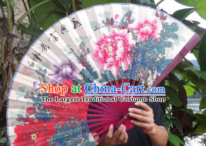 Chinese Traditional Decoration Crafts Red Frame Folding Fans Hand Painting Peony Flowers Paper Fans