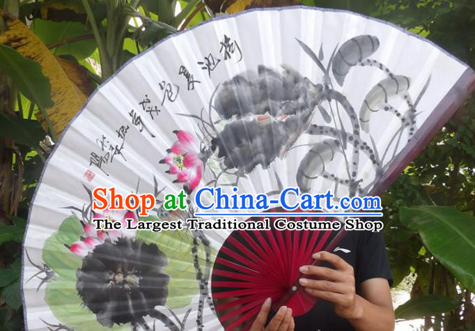 Chinese Traditional Fans Decoration Crafts Ink Painting Lotus Leaf Folding Fans Paper Fans