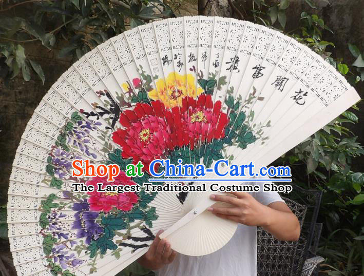 Chinese Traditional Fans Decoration Crafts Hand Painting Peony Flowers Folding Fans Wood Fans