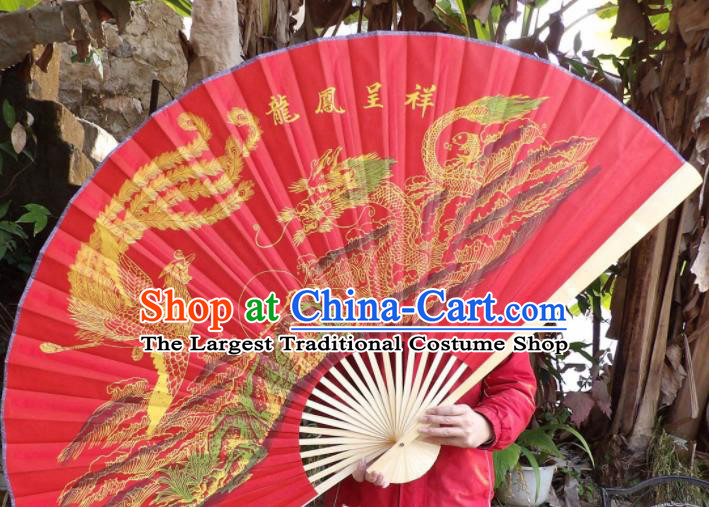 Chinese Traditional Fans Decoration Crafts Painting Dragon Phoenix Wood Frame Folding Fans Red Silk Fans