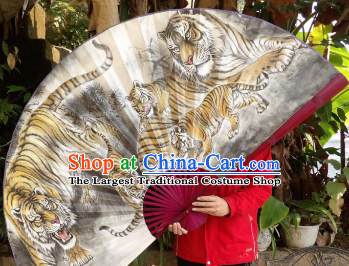 Chinese Traditional Fans Decoration Crafts Painting Tigers Red Frame Folding Fans Paper Fans