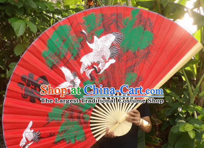 Chinese Traditional Handmade Red Silk Fans Decoration Crafts Painting Cranes Wood Frame Folding Fans
