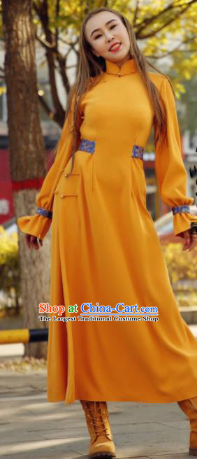 Chinese Traditional Mongol Minority Ethnic Costume Yellow Mongolian Robe for Women