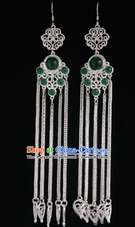 Chinese Ethnic Jewelry Accessories Mongolian Minority Nationality Long Green Earrings for Women