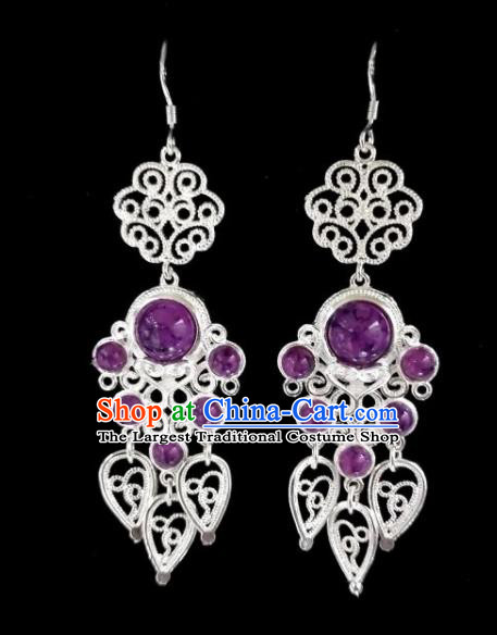 Chinese Ethnic Jewelry Accessories Mongolian Minority Nationality Purple Beads Earrings for Women