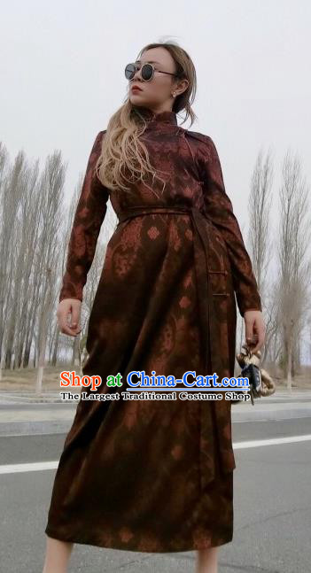 Chinese Traditional Mongol Ethnic Costume Mongolian Minority Nationality Brown Robe for Women