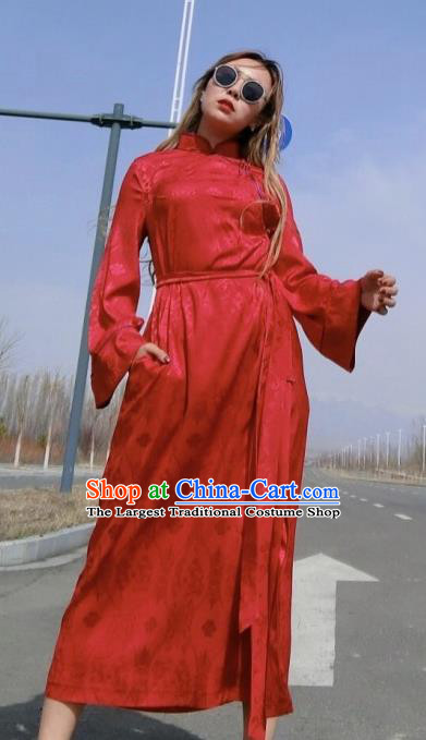 Chinese Traditional Mongol Ethnic Costume Mongolian Minority Nationality Red Robe for Women
