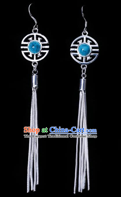 Chinese Traditional Ethnic Jewelry Accessories Eardrop Mongolian Sky Blue Beads Earrings for Women
